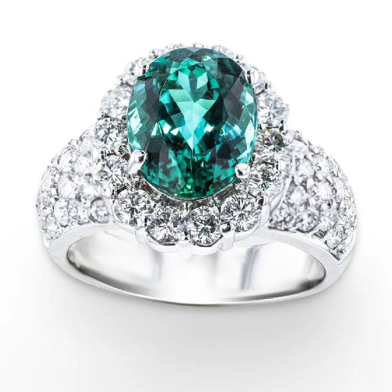 Ladies rings flow shine -JULEVE 18KT WHITE GOLD 3.90CT BLUE-GREEN TOURMALINE & 1.84CTW DIAMOND RING