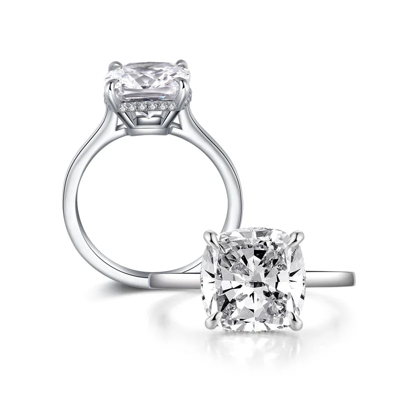 Ladies engagement rings fog shine -Kahun 10mm Cushion Solitaire CZ Engagement Ring | 5.6ct | Sterling Silver