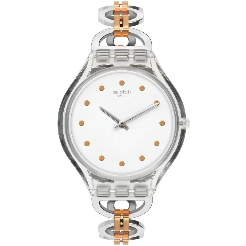 ladies bracelets matching-Swatch Women's Watch - Skin Skinring Quartz White Dial Two Tone Bracelet | SVOK102G