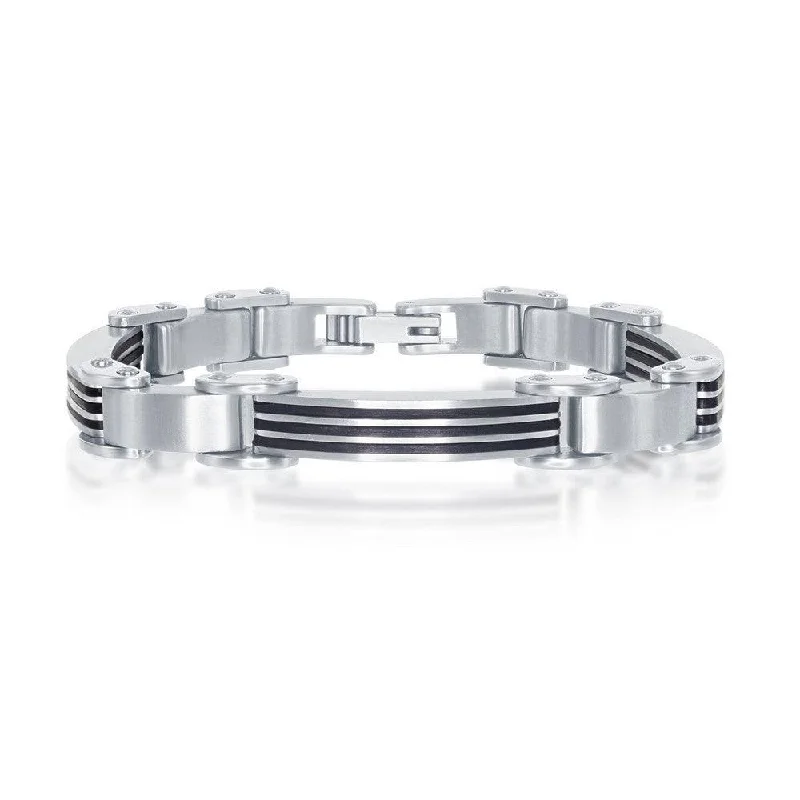 ladies bracelets best seller-Stainless Steel and Rubber Bar-Look Bracelet, 8.5"