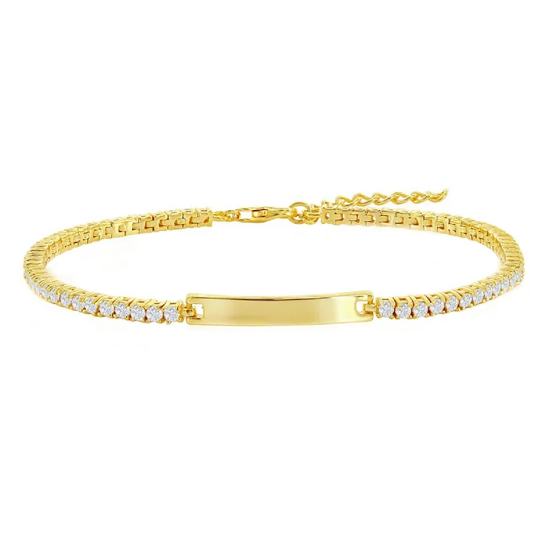 ladies bracelets office-Classic Women's Bracelet - Gold CZ ID Bar Tennis with Lobster Closure | T-7999-GP