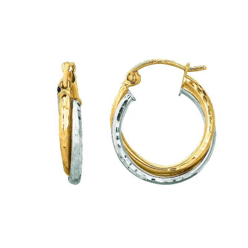 Ladies earrings fate charm -14K Gold Double Row Diamond Cut Hoop Earring