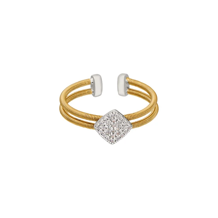 Ladies rings rare elegance -Gold Finish Sterling Silver Two Cable Cuff Ring with Rhodium Finish Simulated Diamond Large Diamond Shape