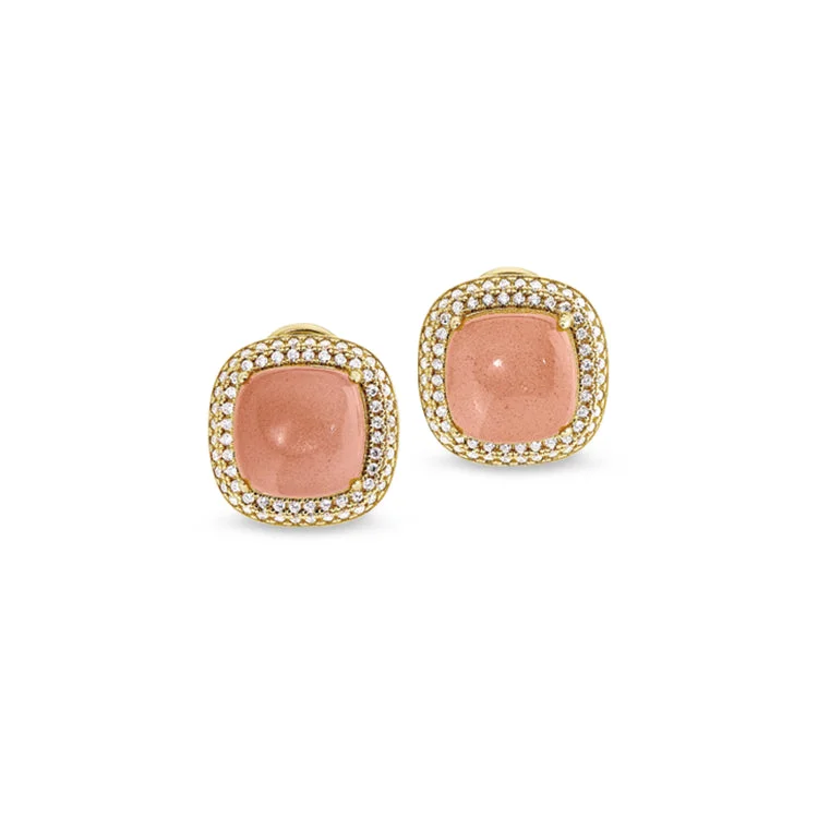 Ladies earrings orbit glow -Gold Finish Sterling Silver Micropave Peach Quartz Earrings with Simulated Diamonds