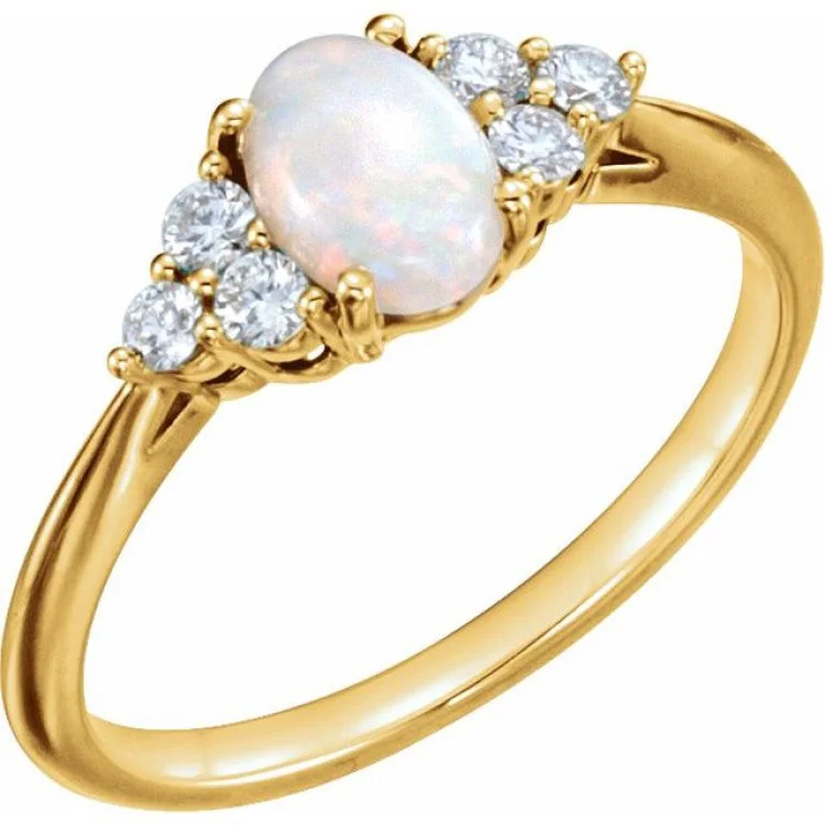 Ladies rings best glow -14K Yellow Natural White Opal & 1/6 CTW Natural Diamond Ring