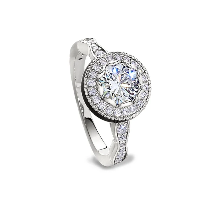 Ladies rings queen shine -Platinum Finish Sterling Silver Micropave Round Halo Ring with Simulated Diamonds - Size 6