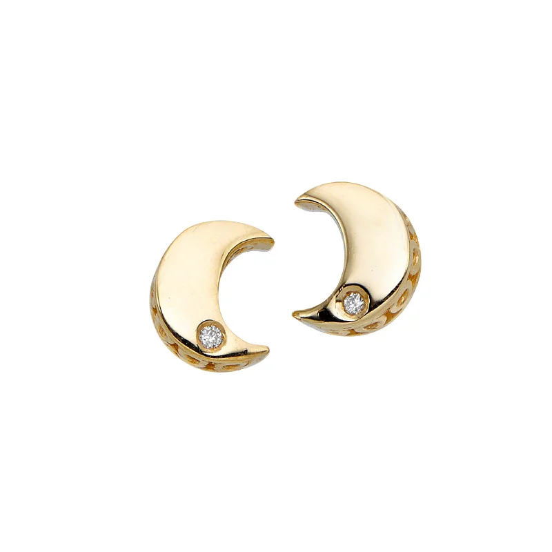 Ladies earrings dear charm -14K Gold .01ct Diamond Moon Stud Earring