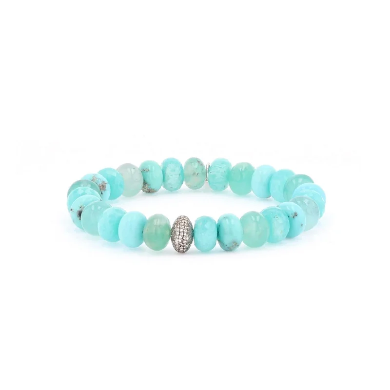 ladies bracelets oval-Blue Green Gemstone Beaded Bracelet with Pave Diamond Donut - 10mm  B0003358