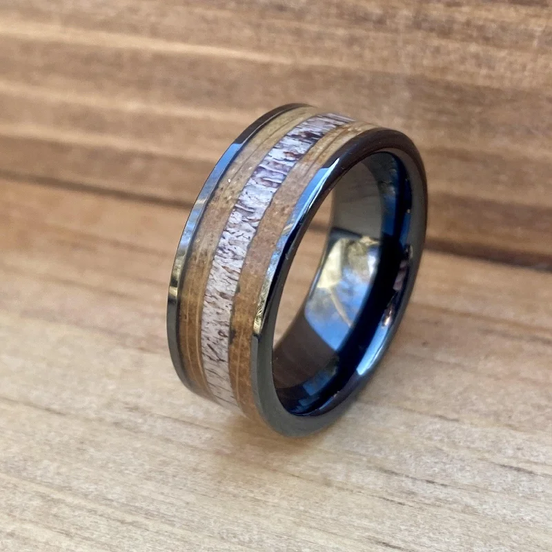 Ladies rings love heart glow -"The Outdoorsman" Black Ceramic Ring With Deer Antler and Bourbon Whiskey Barrel Wood