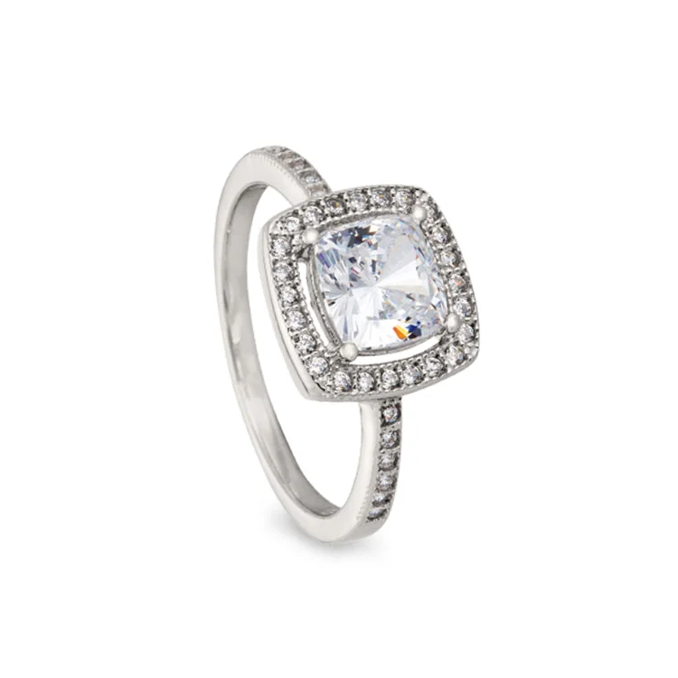 Ladies rings antique charm -Platinum Finish Sterling Silver Micropave Cushion Cut Ring with 37 Simulated Diamonds