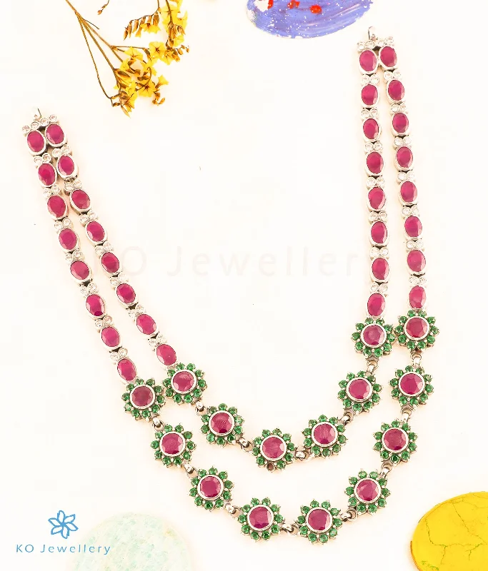 ladies necklaces orange-The Madhulika 2 layer Silver Kemp Necklace (Red/Green/Oxidised)