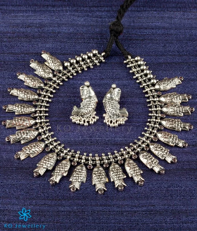 ladies necklaces rare-The Matsya Silver Necklace (Oxidised)