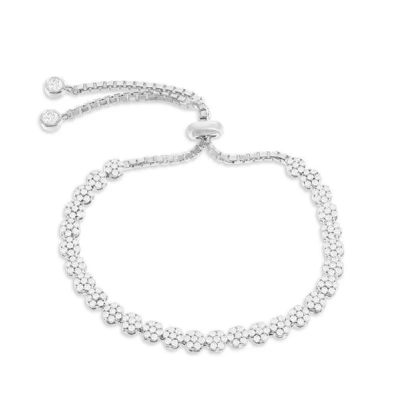 ladies bracelets retro-Sterling Silver Small Flower CZ Adjustable Bolo Bracelet