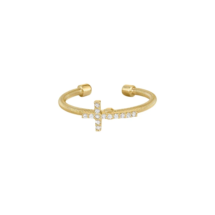 Ladies rings cushion glow charm -Gold Finish Sterling Silver Cable Cuff Cross Ring with Simulated Diamonds