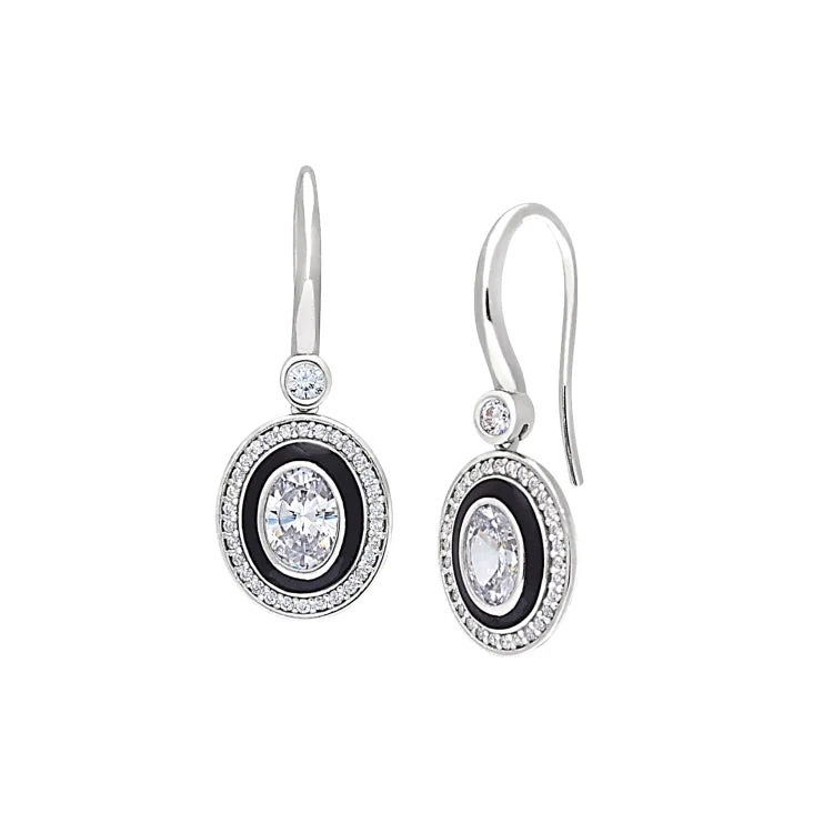 Ladies earrings euro radiance -Platinum Finish Sterling Silver Micropave Oval Halo Earrings with Black Enamel and Simulated Diamonds