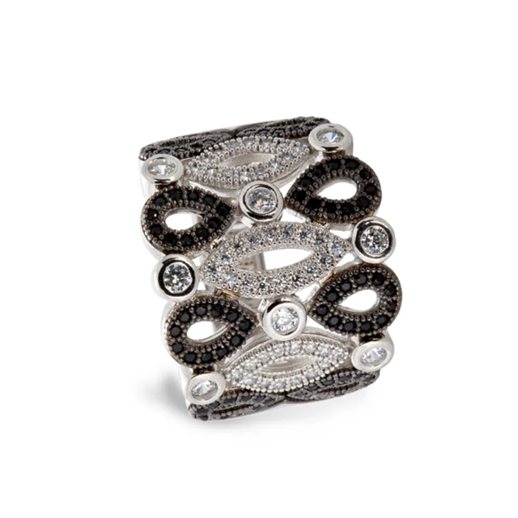 Ladies rings surf glow -Platinum & Black Rhodium Finish Sterling Silver Micropave Art Deco Ring with 136 Simulated Diamonds