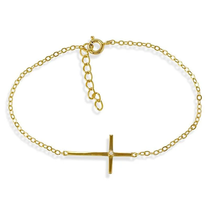 ladies bracelets packaging-Sterling Silver Single Gold Plated CZ Sideways Cross Bracelet, 7"