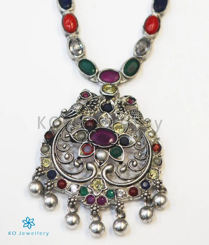 ladies necklaces layered-The Sachi Silver Peacock Navaratna Necklace (Oxidised)