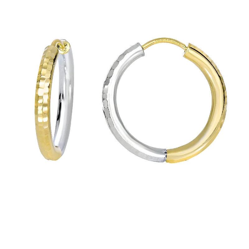 Ladies earrings weave glow -14K Yellow & White Gold Diamond Cut Hoop Earring