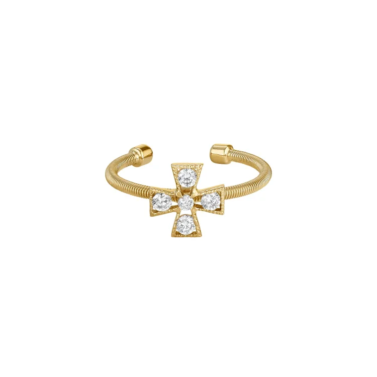 Ladies rings myth glow -Gold Finish Sterling Silver Cable Cuff 5 Stone Cross Ring with Simulated Diamonds