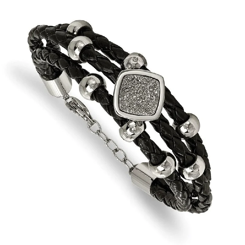 ladies bracelets zales-Stainless Steel Polished w/Druzy and Crystal Leather w/.75in ext. Bracelet