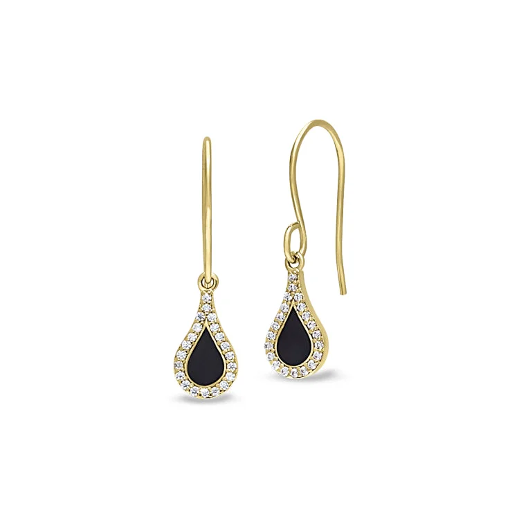 Ladies earrings funk charm -Gold Finish Sterling Silver Micropave Black Enamel Teardrop Earrings with Simulated Diamonds