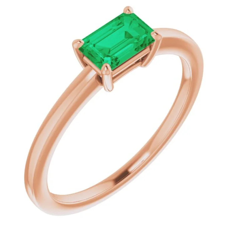 Ladies rings cog charm -14K Rose Lab-Grown Emerald Ring