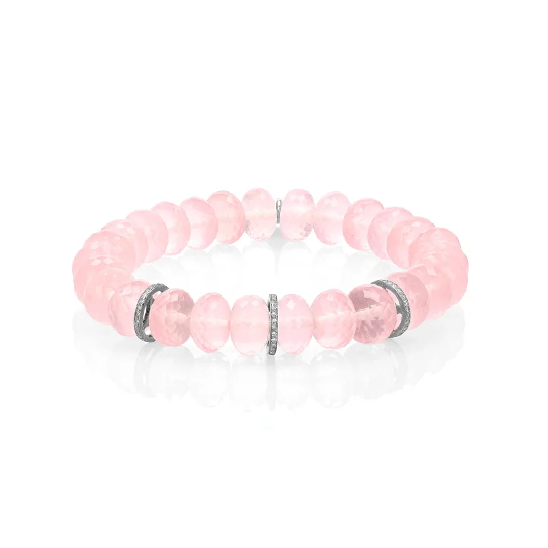 ladies bracelets gift-Rose Quartz Faceted Rondelle Bracelet with 3 Diamond Rondelles - 10mm  B0003686