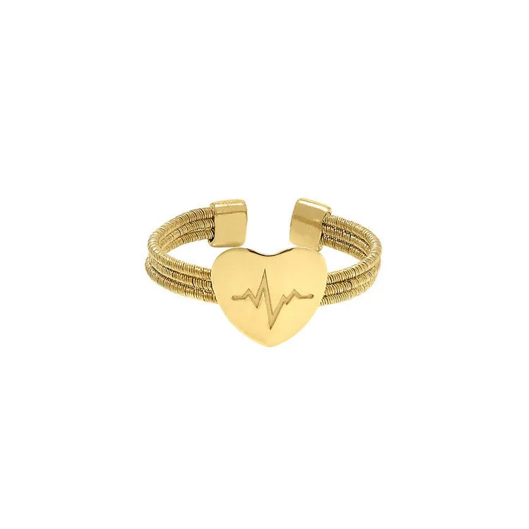 Ladies rings pure glow -Gold Finish Sterling Silver Three Cable Cuff Ring with a Polished Heart with a Heartbeat Design.