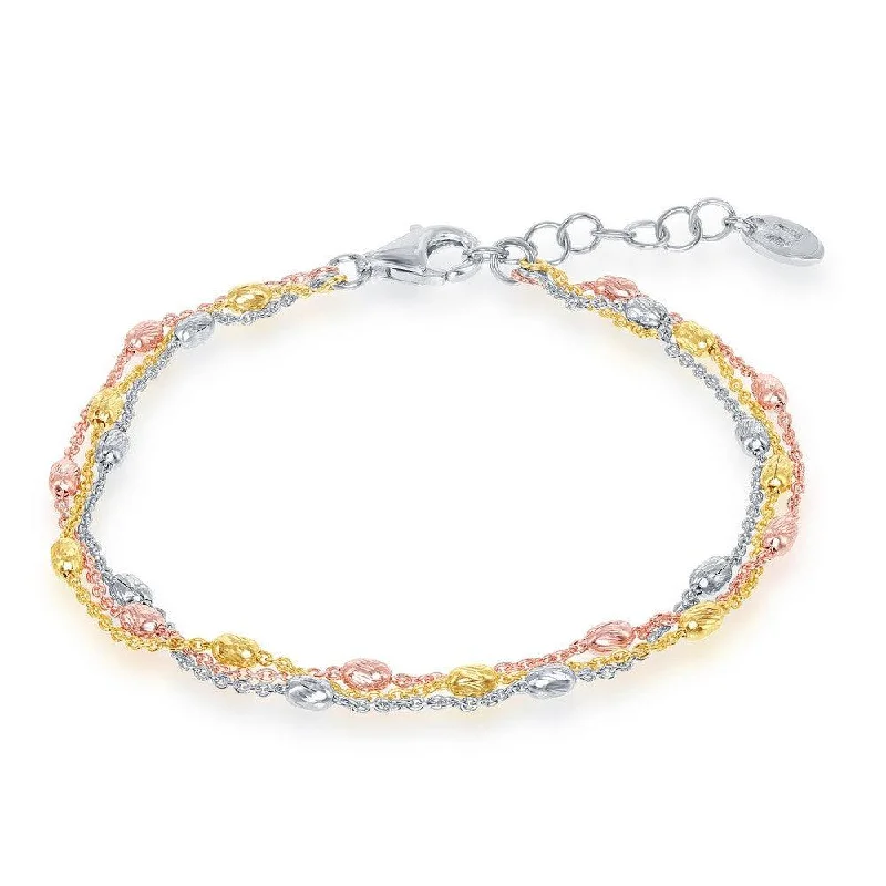 ladies bracelets collectible-Sterling Silver Tri Color Triple Strand Oval Beaded Bracelet, 7"