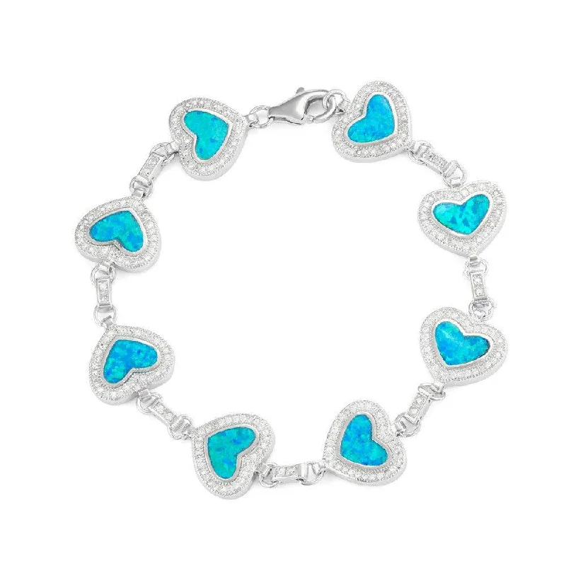 ladies bracelets cultural-Sterling Silver Heart Blue Opal with Micro Pave CZ Bracelet