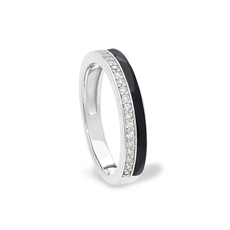 Ladies rings dusk radiance -Platinum Finish Sterling Silver Micropave Ring with with Navy Enamel and Simulated Diamondss