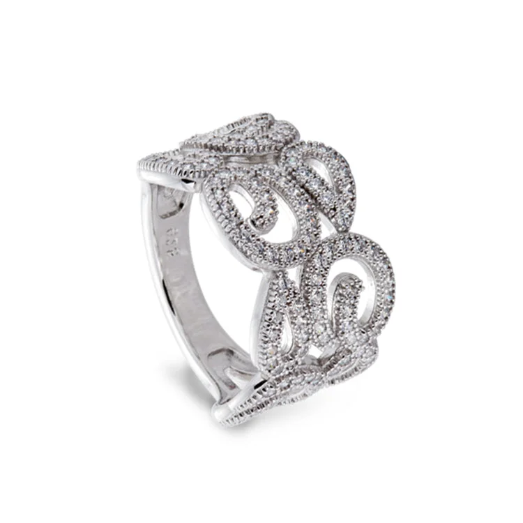 Ladies rings ray charm -Platinum Finish Sterling Silver Micropave Swirl Ring with 126 Simulated Diamonds