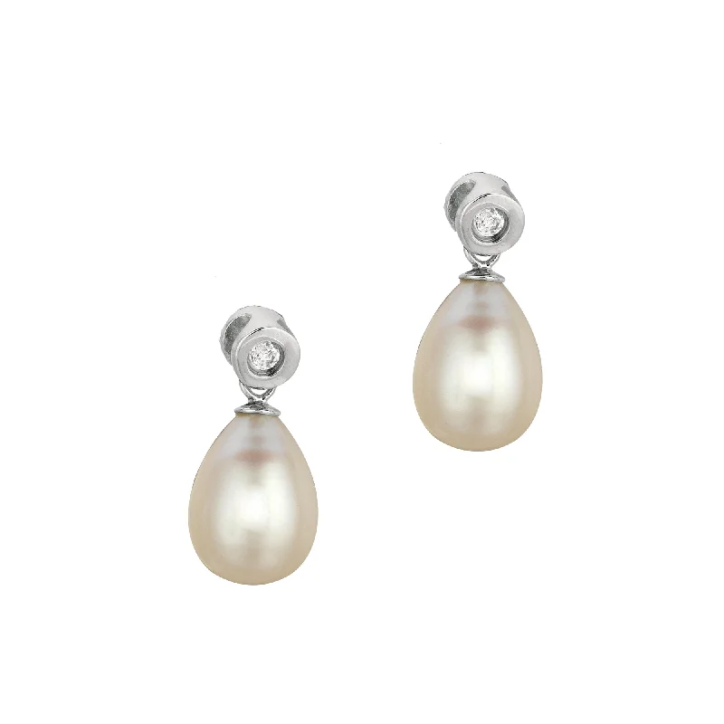 Ladies earrings platinum shine pair -Silver Freshwater Pearl and Bezel Set CZ Drop Earrings