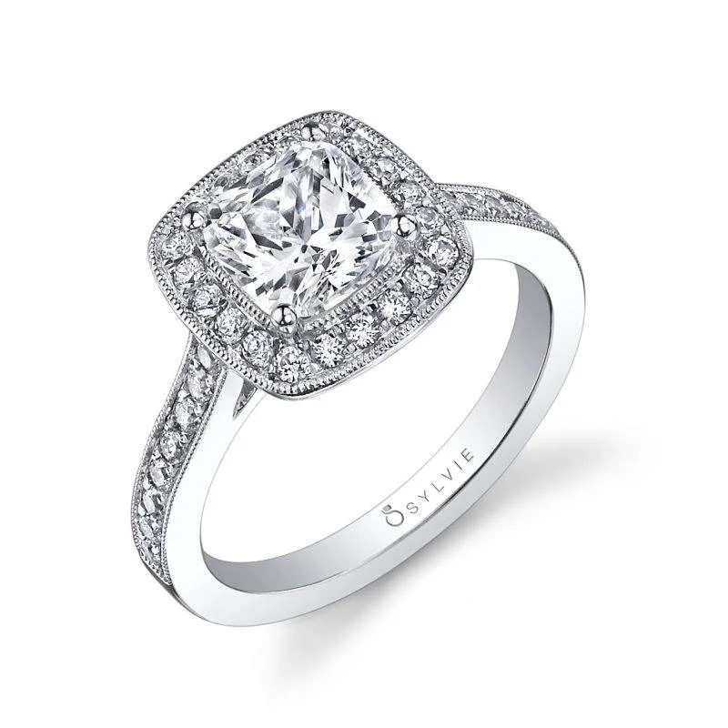 Ladies engagement rings gentle radiance -Sylvie Modern Cushion Halo Engagement Ring SY865