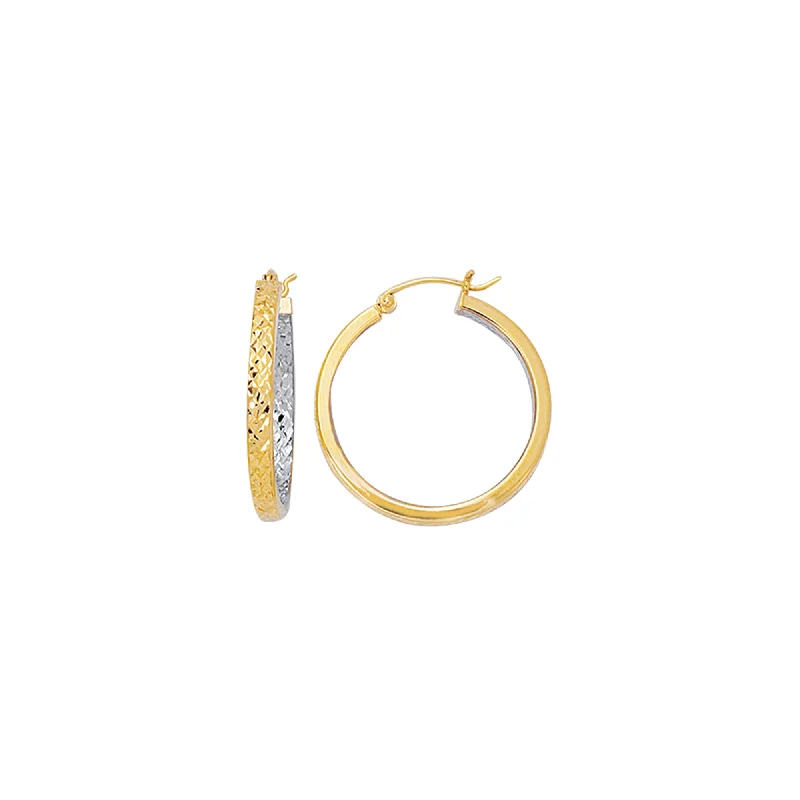 Ladies earrings edge glow pair -10K Gold Yellow Exterior, White Interior Diamond Cut Hoop Earring