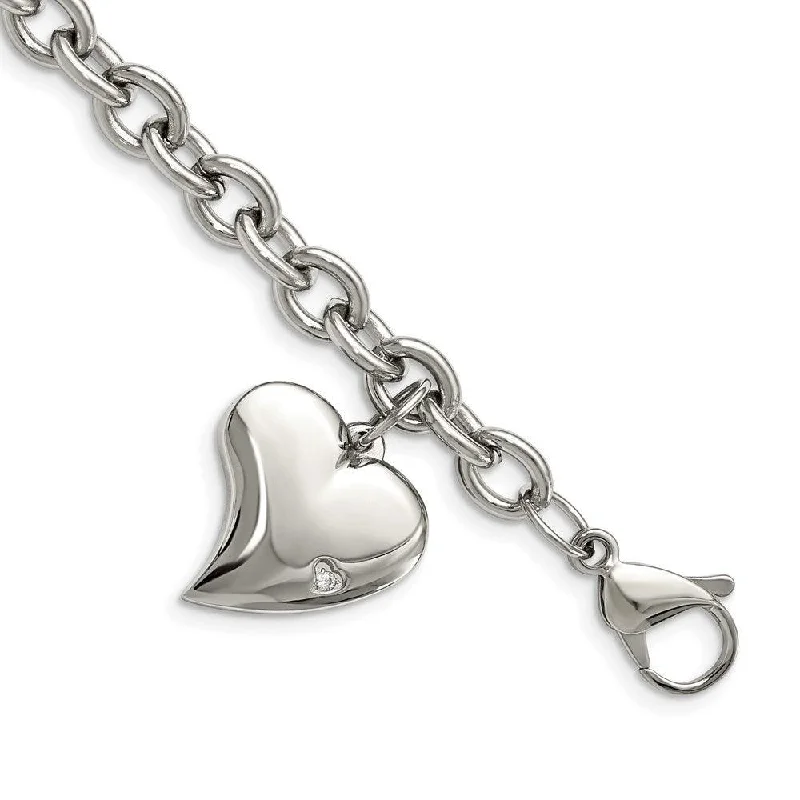 ladies bracelets organizer-Stainless Steel CZ Heart Charm Fancy 7.5in Bracelet