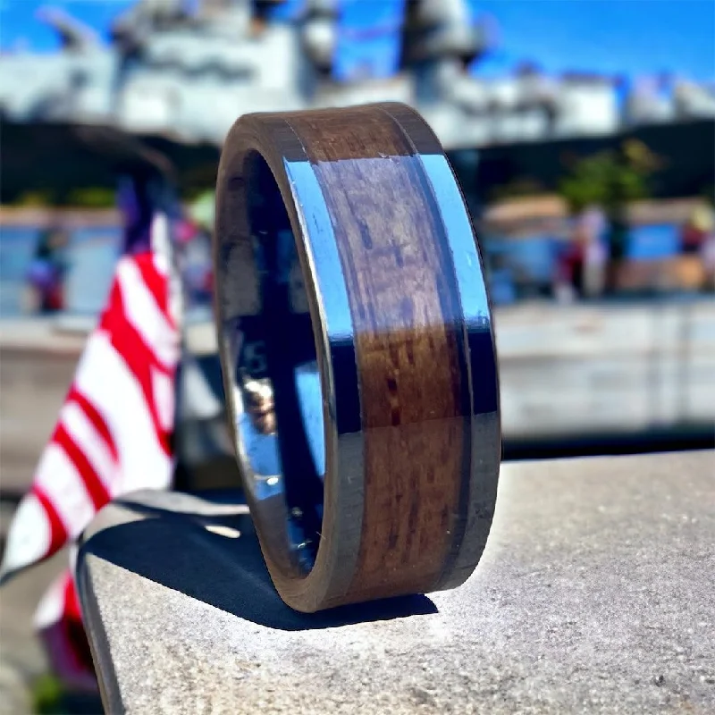 Ladies rings pop charm -"The Battleship" 100% USA Made Black Ceramic Ring With Wood From The USS California