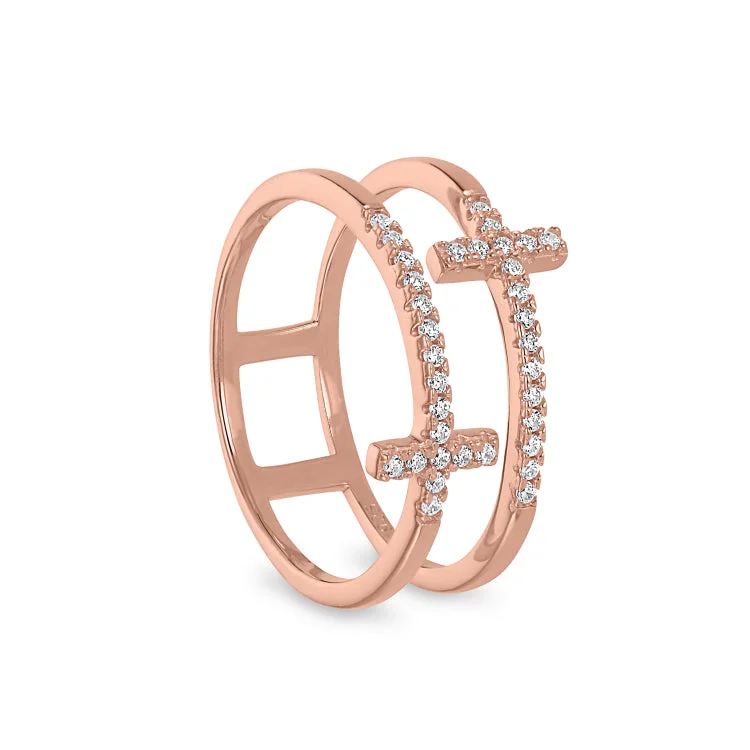 Ladies rings chant shine -Rose Gold Finish Sterling Silver Micropave Double Cross Ring with Simulated Diamonds