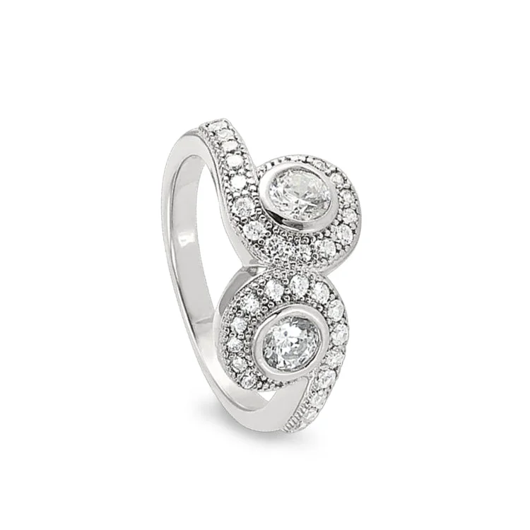 Ladies rings marquise shine band -Platinum Finish Sterling Silver Micropave Swirl Two Stone Ring with Two 120 Facet Simulated Daimonds