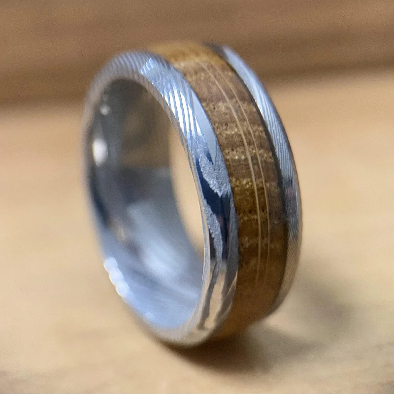 Ladies rings ice glow -"The Rustic Warrior" Damascus Steel Design Ring With Wood From A Reclaimed Bourbon Whiskey Barrel