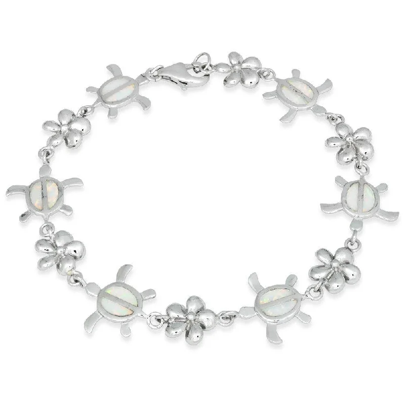 ladies bracelets spiritual-Sterling Silver White Opal Flower and Tortoise Link Bracelet