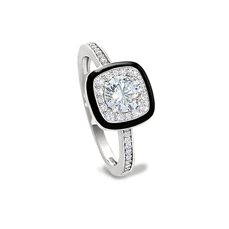 Ladies rings blaze glow -Platinum Finish Sterling Silver Micropave Cushion Cut Ring with Thin Black Enamel and Simulated Diamonds - Size 9