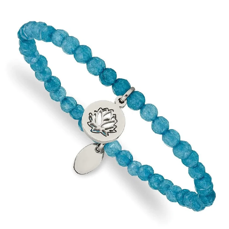 ladies bracelets designs-Stainless Steel Polished Lotus Blue Jade Beaded Stretch Bracelet