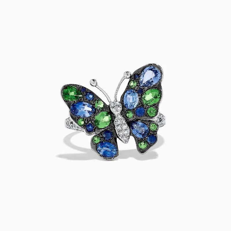 Ladies rings bunch glow -Nature 14K White Gold Sapphire, Tsavorite & Diamond Butterfly Ring, 2.52 TCW