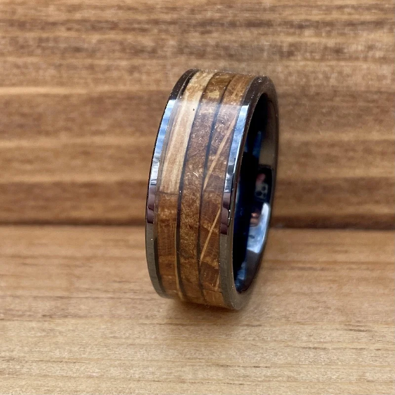 Ladies rings lone gem radiance -"The Gentleman" Black Ceramic Ring With Reclaimed Bourbon Barrel Wood and Cigar Leaf