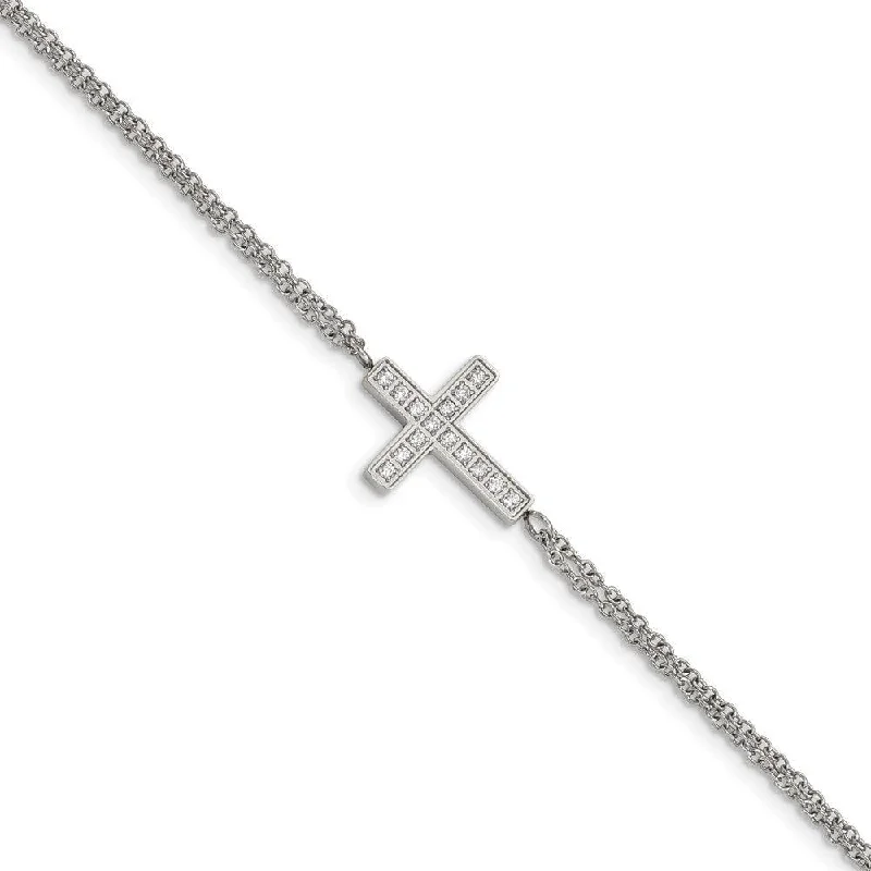 ladies bracelets bold statement-Stainless Steel Polished with CZ Cross 6.25in with 2in ext. Bracelet