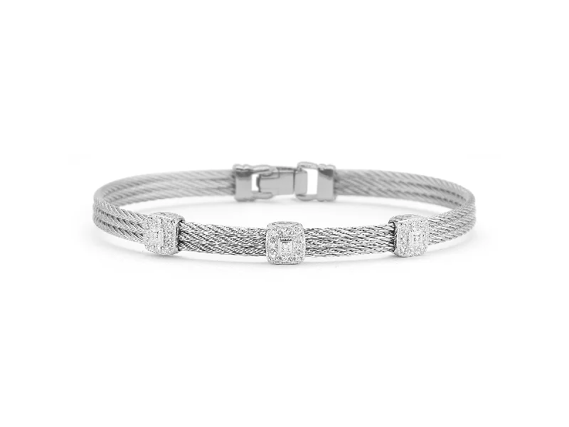 ladies bracelets ethnic-ALOR Grey Cable Classic Stackable Bracelet with Triple Square Station set in 18kt White Gold