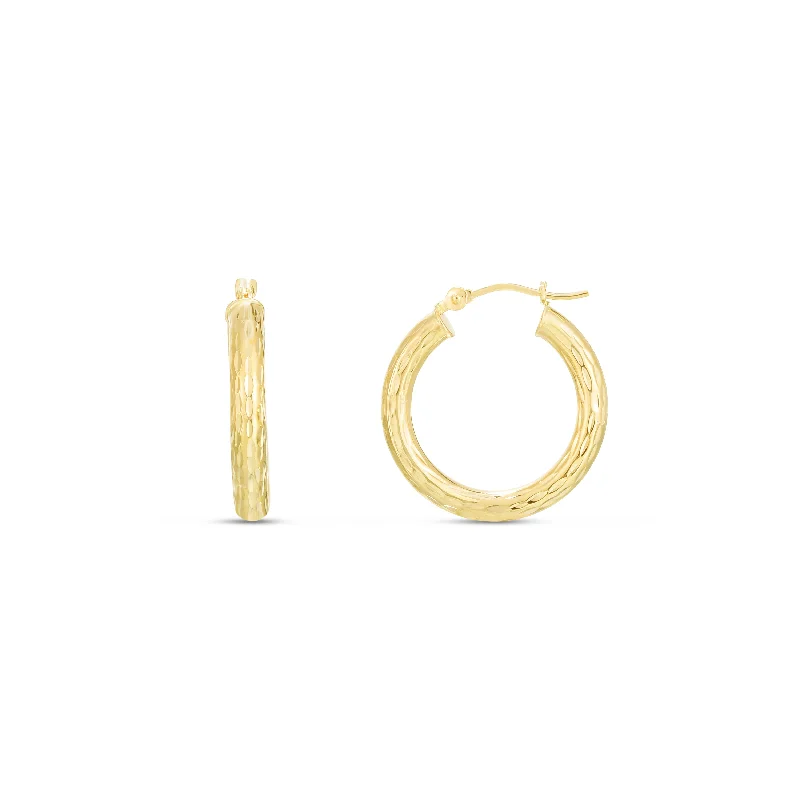 Ladies earrings wood glow -14K Yellow Gold 3x20mm Diamond Cut Hoop Earring