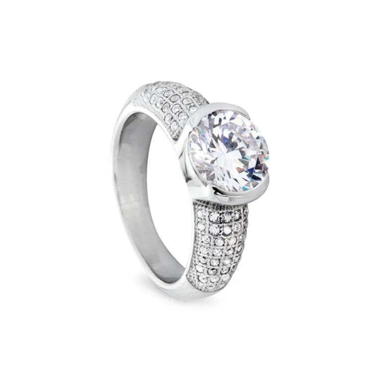 Ladies rings infinite shine -Platinum Finish Sterling Silver Micropave Round Ring with 77 Simulated Diamonds